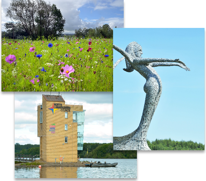 A stack of three pictures - a meadow of flowers in Strathclyde Park, the Finishing Tower at Strathclyde Park, and the Arria Sculpture by Andy Scott in Cumbernauld